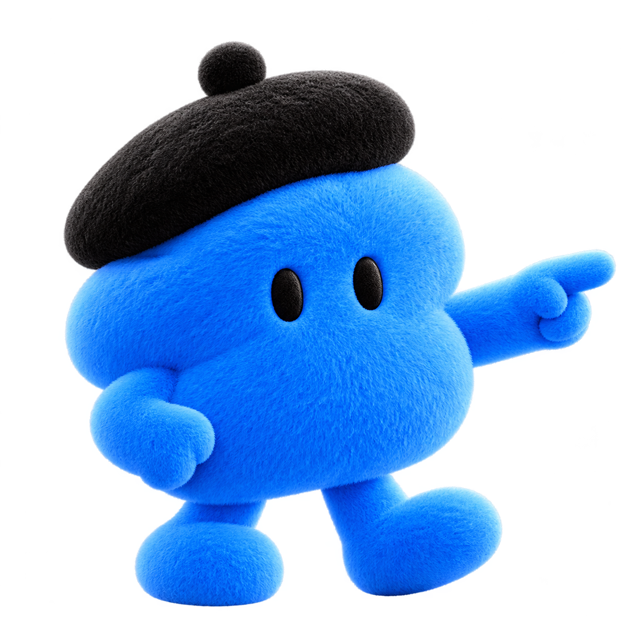 Blue plush character pointing toward the dot