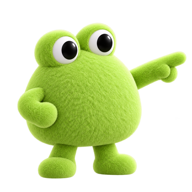 Green plush character pointing toward the dot