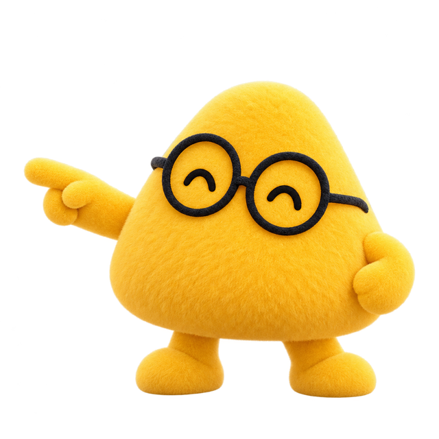 Yellow plush character pointing toward the dot