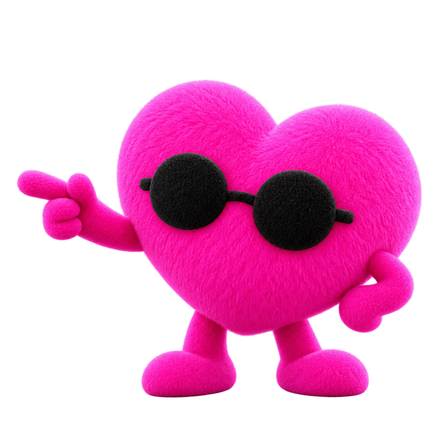Pink heart-shaped plush character pointing toward the dot